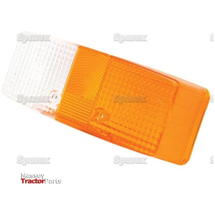 The Sparex Replacement Lens, part number S.56198, is a rectangular polycarbonate tractor light lens assembly with an orange section on the right and a clear section on the left, making it ideal for a front left light replacement.