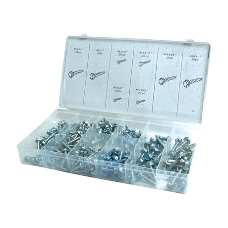 A clear plastic organizer box containing various sizes of Sparex Hexagon Head Self Fixing (TEK) Screws, 4-5x12.5-25.5mm, divided into compartments, with labels for different sizes on the lid, identified by Sparex Part No. S.29886.

