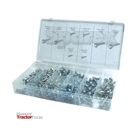 Plastic box containing an assortment of Sparex zinc plated metal screws (Hexagon Head Self Fixing TEK), ranged from 4 - 5x12.5 - 25.5mm and organized into separate compartments, featuring both hex head screws and self-fixing varieties (Sparex Part No.S.29886).