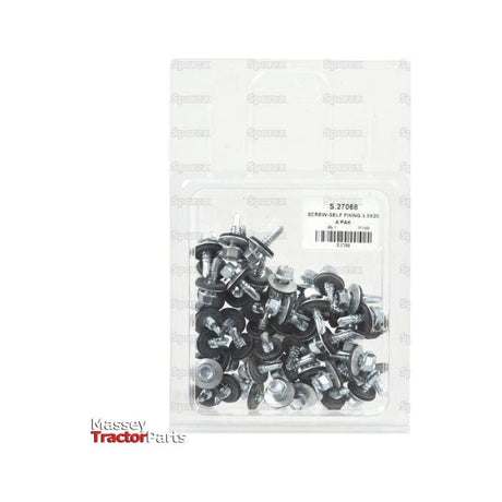 A partially transparent plastic package branded with Sparex contains 32 zinc-plated Hexagon Head Self Fixing (TEK) Screws, measuring 5.5x20mm (DIN 7504K), labeled as Sparex Part No. S.27068, showcasing the screws inside against a branded background.