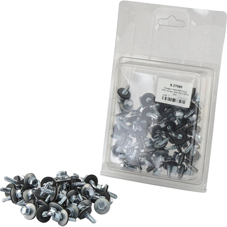 A clear plastic package from Sparex, labeled with product details, contains Hexagon Head Self Fixing (TEK) Screws (DIN 7504K), sized at 5.5x20mm (Sparex Part No.S.27068), and also includes separate washers displayed in front.