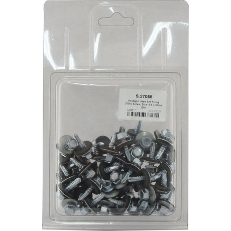 A sealed package containing multiple Sparex-brand, zinc-plated Hexagon Head Self Fixing (TEK) Screws, 5.5x20mm (DIN 7504K), part number S.27068, along with washers. The label partially visible on the front indicates the product specifications and quantity.
