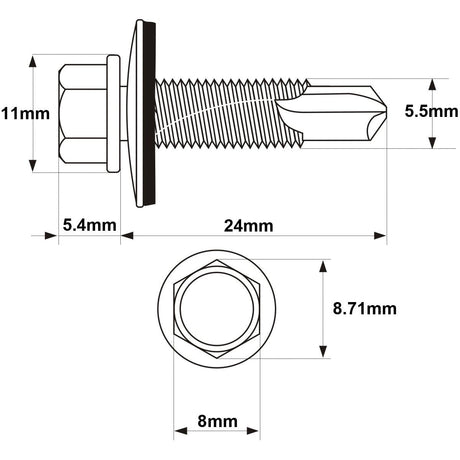 Technical drawing of the Sparex Hexagon Head Self Fixing (TEK) Screw, zinc plated for durability, with measurements including 24mm length, 5.5mm drill point, 11mm and 8.71mm head dimensions, and 5.4mm and 8mm across flats. Ideal for various applications requiring self-drilling screws.
