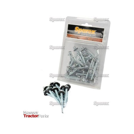 A pack and a small pile of zinc-plated silver Hexagon Head Self Fixing (TEK) Screws, Size: 5.5 x 24mm (Din 7504K), with washers in clear packaging labeled "Sparex," on a white background with "Massey Tractor Parts" text.