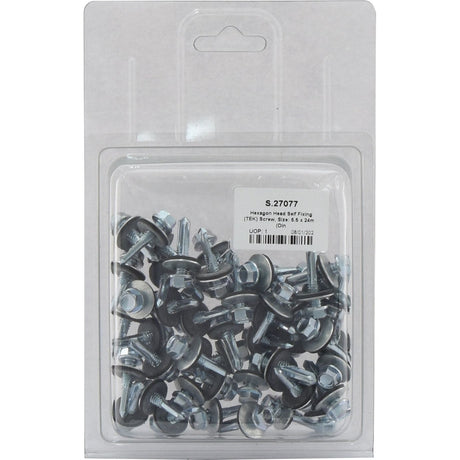 A plastic blister pack containing zinc-plated hexagonal head self-fixing (TEK) screws is displayed. The packaging label reads, "Sparex Hexagon Head Self Fixing Screw S. 5.5 x 24mm (Din 7504K) - S.27077.