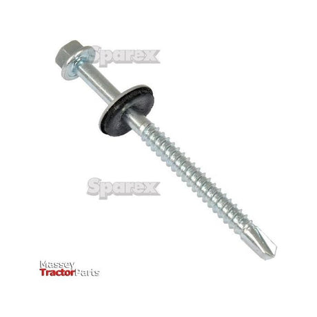 Image of a Sparex Hexagon Head Self Fixing (TEK) Screw, 5.5x25mm (DIN 7504K) with a black rubber washer near the top, on a plain white background. Text in the image includes "Sparex" and "Massey Tractor Parts.