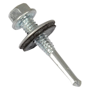 A Sparex Hexagon Head Self Fixing (TEK) Screw, 5.5x32mm (DIN 7504K), featuring a threaded metal body and zinc plated finish, includes a hexagonal head with attached washers, shown against a white background.