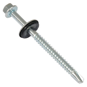 Close-up of a Sparex Hexagon Head Self Fixing (TEK) Screw, 5.5x38mm (DIN 7504K), with a zinc plating and a rubber washer on the shaft.