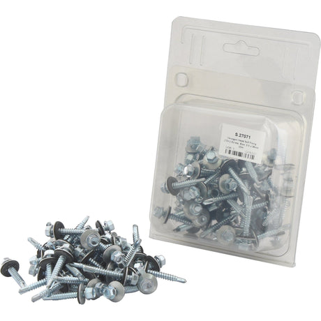 A few Hexagon Head Self Fixing (TEK) Screws, 5.5x38mm (DIN 7504K) by Sparex (Sparex Part No.S.27071) with washers are loose on the surface next to a transparent plastic box containing the rest of the pack.