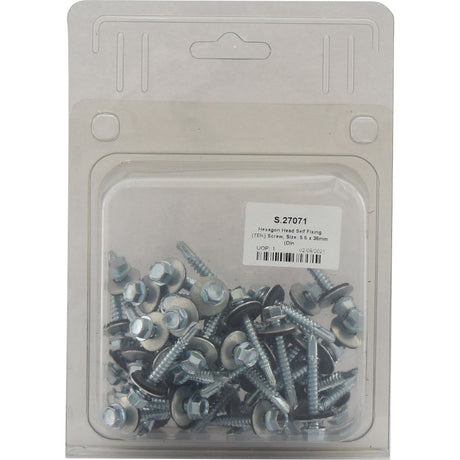 A plastic package containing a collection of hex head self-tapping screws. The label reads: "Hexagon Head Self Fixing (TEK) Screw, Zinc Plated, 50mm, 5.5 x 38mm (DIN 7504K), Sparex Part No.S.27071.