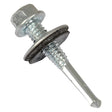 Close-up of the Sparex Hexagon Head Self Fixing (TEK) Screw, 5.5x51mm (DIN 7504K) with a built-in washer and rubber gasket, ideal for fastening metal roofs or panels. The zinc plated finish ensures durability against corrosion.