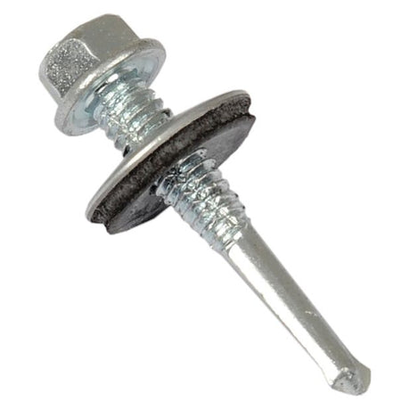 Close-up of the Sparex Hexagon Head Self Fixing (TEK) Screw, 5.5x51mm (DIN 7504K), featuring a zinc-plated finish, a built-in metal and rubber washer, designed for use in metal roofing and siding installations.