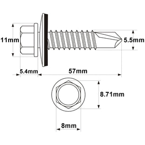 Technical drawing of the Sparex Hexagon Head Self Fixing (TEK) Screw, 5.5x57mm, zinc plated with dimensions: 57mm length, 11mm head height, 5.5mm thread diameter, and 8mm head width. Conforms to DIN 7504K standards (Sparex Part No.S.27055).