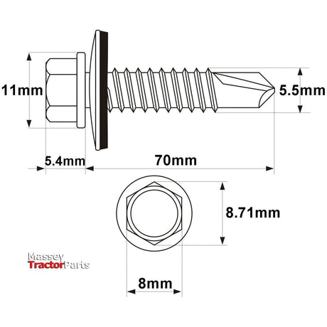 Diagram of a Hexagon Head Self Fixing (TEK) Screw, Sparex Part No. S.27074, with measurements indicated: length (70mm), head width (8mm), thread diameter (5.4mm), tip width (5.5mm), head thickness (11mm), and across flats (8.71mm).