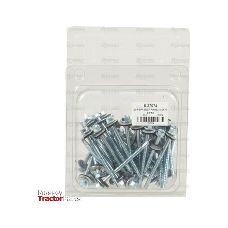 A package of 10 Sparex Hexagon Head Self-Fixing (TEK) Screws, sized at 5.5x70mm (DIN 7504K) and identified by part number S.27074, available from Massey Tractor Parts. These zinc-plated screws come in clear plastic packaging, ensuring durability and convenience for your projects.