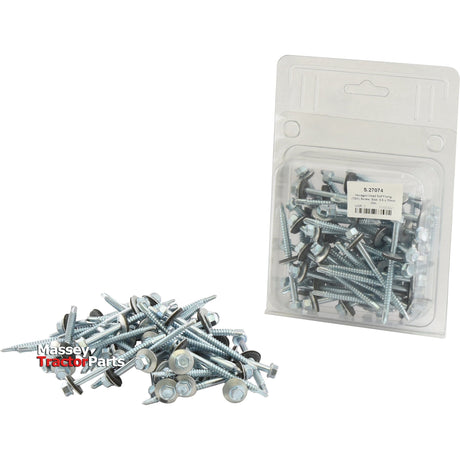 Displayed are a pile of metal screws and an unopened package labeled "Sparex," featuring zinc-plated Hexagon Head Self Fixing (TEK) Screws, 5.5x70mm (DIN 7504K), identified as Sparex Part No. S.27074.