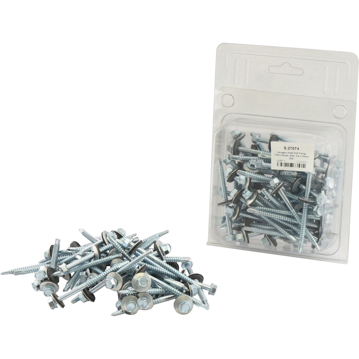 A pile of Hexagon Head Self Fixing (TEK) Screws, 5.5x70mm (DIN 7504K), Sparex Part No. S.27074, sits next to a clear plastic packaging containing more of the same screws from Sparex.