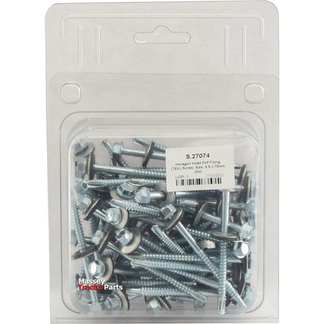 A package of hexagonal head screws labeled "Hexagon Head Self Fixing (TEK) Screw Size: 5.5 x 70mm (DIN 7504K)," containing several zinc plated screws, from the brand Sparex with Part No. S.27074.