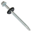 A close-up of the Sparex Hexagon Head Self Fixing (TEK) Screw, 5.5x82mm (DIN 7504K) with a zinc-plated finish and an attached washer, Sparex Part No.S.27057.