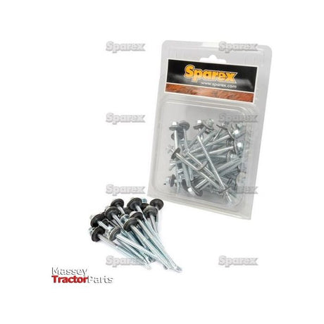 A package of Sparex Hexagon Head Self Fixing (TEK) Screws, 5.5x98mm (DIN 7504K), labeled as Massey Tractor Parts, with some scattered outside.