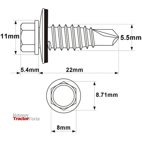 Hexagon Head Self Fixing (TEK) Screw, Size: 6.3 x 22mm (Din 7504K)
 - S.27082 - Farming Parts