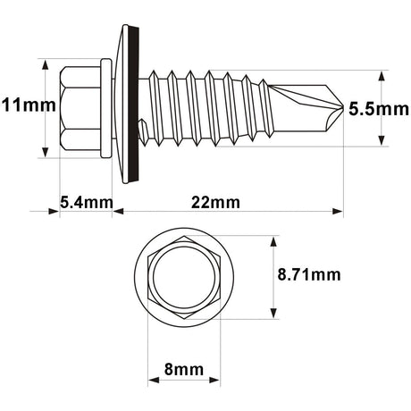 Diagram of a Sparex Hexagon Head Self Fixing (TEK) Screw, model S.27082 (DIN 7504K), with dimensions: 11mm head height, 5.4mm washer width, 5.5mm thread diameter, 22mm length, 8.71mm hex width, and 8mm hex across flats distance; commonly available in size 6.3x22mm.