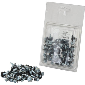 A plastic package and a scattered pile of Sparex Hexagon Head Self Fixing (TEK) Screws, each measuring 6.3x22mm (DIN 7504K) with attached washers, Sparex Part No. S.27082.