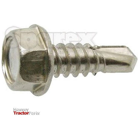 Close-up image of a 6.3x22mm zinc plated, hexagon head self-fixing screw with a pointed tip. The "Sparex" logo is in the bottom left corner. This is the Hexagon Head Self Fixing (TEK) Screw, 6.3x22mm (DIN 7504K), Sparex Part No.S.27082.