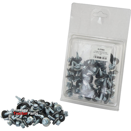 A pack of Hexagon Head Self Fixing (TEK) Screws from Sparex, labeled with the dimensions 6.3x22mm on a white label with text. These screws come in a silver zinc-plated finish and include attached black washers. The specific product detail is Part No.S.27082, corresponding to DIN 7504K standards.