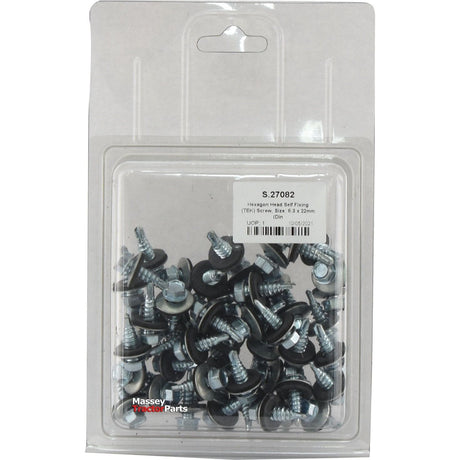 A clear plastic package containing multiple Sparex brand zinc plated Hexagon Head Self Fixing (TEK) Screws, size 6.3 x 22mm (DIN 7504K). The label reads "S.27082" and specifies a quantity of 50 screws.