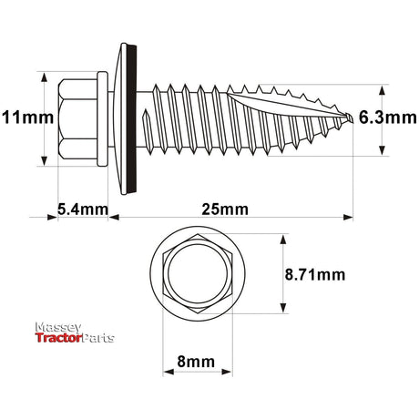 Diagram of a Hexagon Head Self Fixing (TEK) Screw, Zinc Plated from Sparex (Sparex Part No. S.27065), with detailed measurements: length 25mm, head height 11mm, head width 8mm, thread width 6.3mm, and head-to-shank diameter ranging from 5.4mm to 8.71mm.