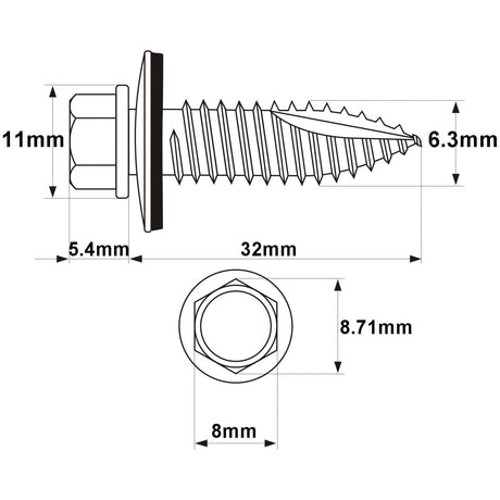 Technical drawing of the Sparex Hexagon Head Self Fixing (TEK) Screw, 6.3x32mm (DIN 7504K), zinc plated for durability, displaying side and top views with dimensions: 32mm total length, 6.3mm diameter, 11mm head height, 8.71mm head width, and 5.4mm thread depth (Sparex Part No.S.27084).