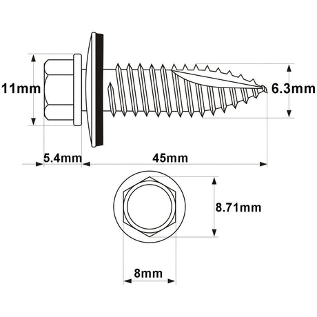 Technical diagram of a Hexagon Head Self Fixing Screw, named Hexagon Head Self Fixing (TEK) Screw, 6.3x45mm (DIN 7504K), Sparex Part No. S.27085, manufactured by Sparex; showing dimensions: 45mm length, 8mm head width, 8.71mm head diagonal, 11mm head height, 6.3x45mm screw diameter, and 5.4mm minor diameter. The screw is Zinc Plated for added durability.
