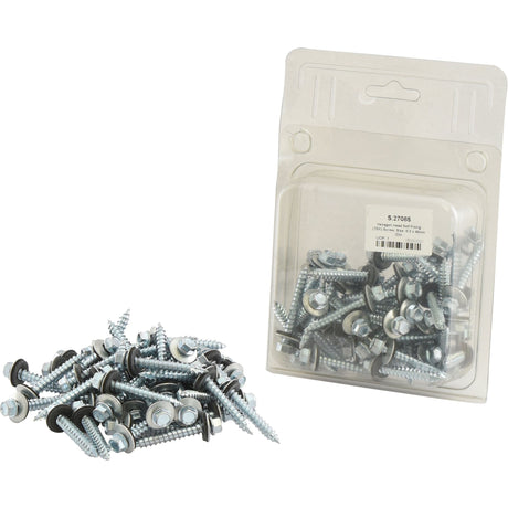 A pile of 6.3x45mm zinc plated screws with washers lies next to a package of Sparex Hexagon Head Self Fixing (TEK) Screws, 6.3x45mm (DIN 7504K), neatly organized in a clear plastic container.
