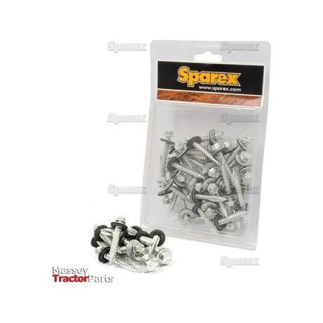 A clear plastic package labeled "Sparex" containing metal screws and washers, including some loose Hexagon Head Self Fixing (TEK) Screws, 6.3x45mm (DIN 7504K), part number S.27085, with associated washers in front of it. The zinc-plated product is associated with Massey Tractor Parts.