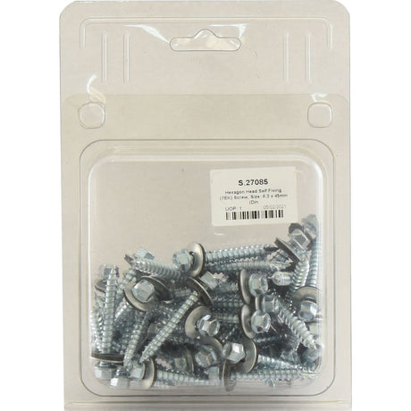 A plastic package containing several hexagonal head self-fixing screws with washers. The label on the package reads "Sparex Hexagon Head Self Fixing (TEK) Screws, Zinc Plated, Size: 6.3 x 45mm (DIN 7504K), Part No.S.27085.
