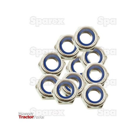A cluster of ten metric hexagon nuts, each featuring blue nylon inserts, arranged in a semi-random pattern on a white background. Both "Sparex" and "Massey Tractor Parts" are visible in the image. These metric coarse nuts adhere to DIN 985 standards with specifications of M10x1.50mm and are identified as Sparex Part No.S.25592.