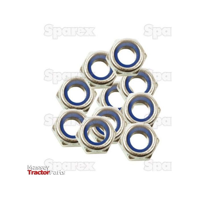 Ten metric hexagon nuts, M18x2.50mm (DIN 985), each with blue inner rings, are arranged in a staggered pattern. The image features the "Sparex" logo and highlights their metric coarse threading under Sparex Part No.S.25596.