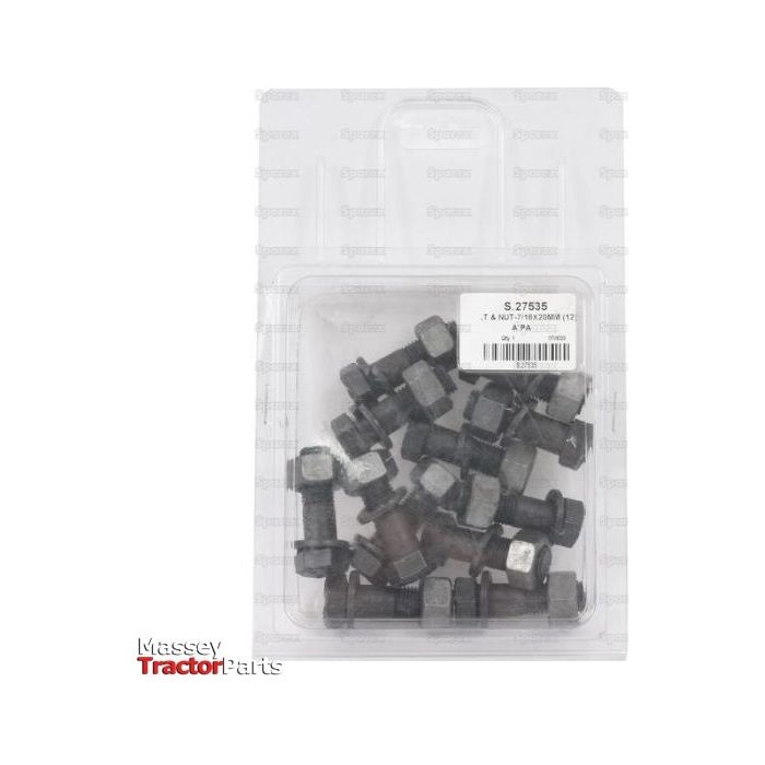 A plastic package containing twelve M11.1x35mm hexagonal head bolts with nuts, boasting a tensile strength of 12.9, labeled "Sparex Part No. S.27535" from Sparex's Agripak series for Massey Tractor Parts, displayed against a plain background.