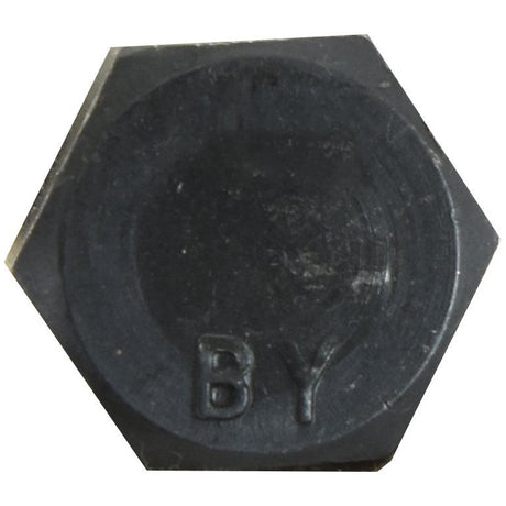 Close-up of a Hexagonal Head Bolt With Nut (TH) - M14x50mm, Tensile strength 12.9 (6 pcs. Agripak), Sparex Part No.S.27529, with the letters "BY" embossed on its surface.
