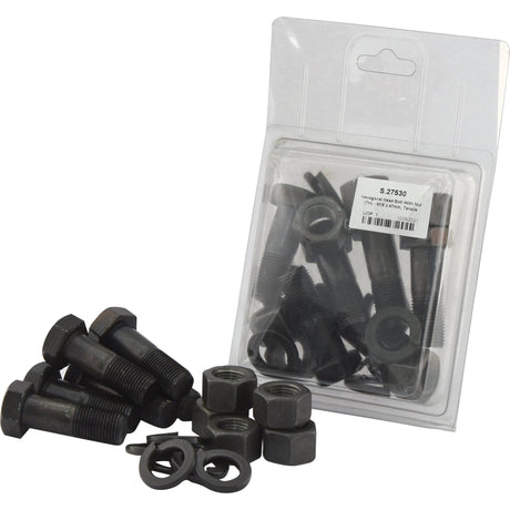 A set of black metal Hexagonal Head Bolts, nuts, and washers with some pieces scattered outside a clear plastic packaging. The M16x47mm bolts by Sparex have a tensile strength of 10.9, and the packaging features a label with the product information: "Hexagonal Head Bolt With Nut (TH) - M16x47mm, Tensile strength 10.9 (6 pcs. Agripak) | Sparex Part No.S.27530.