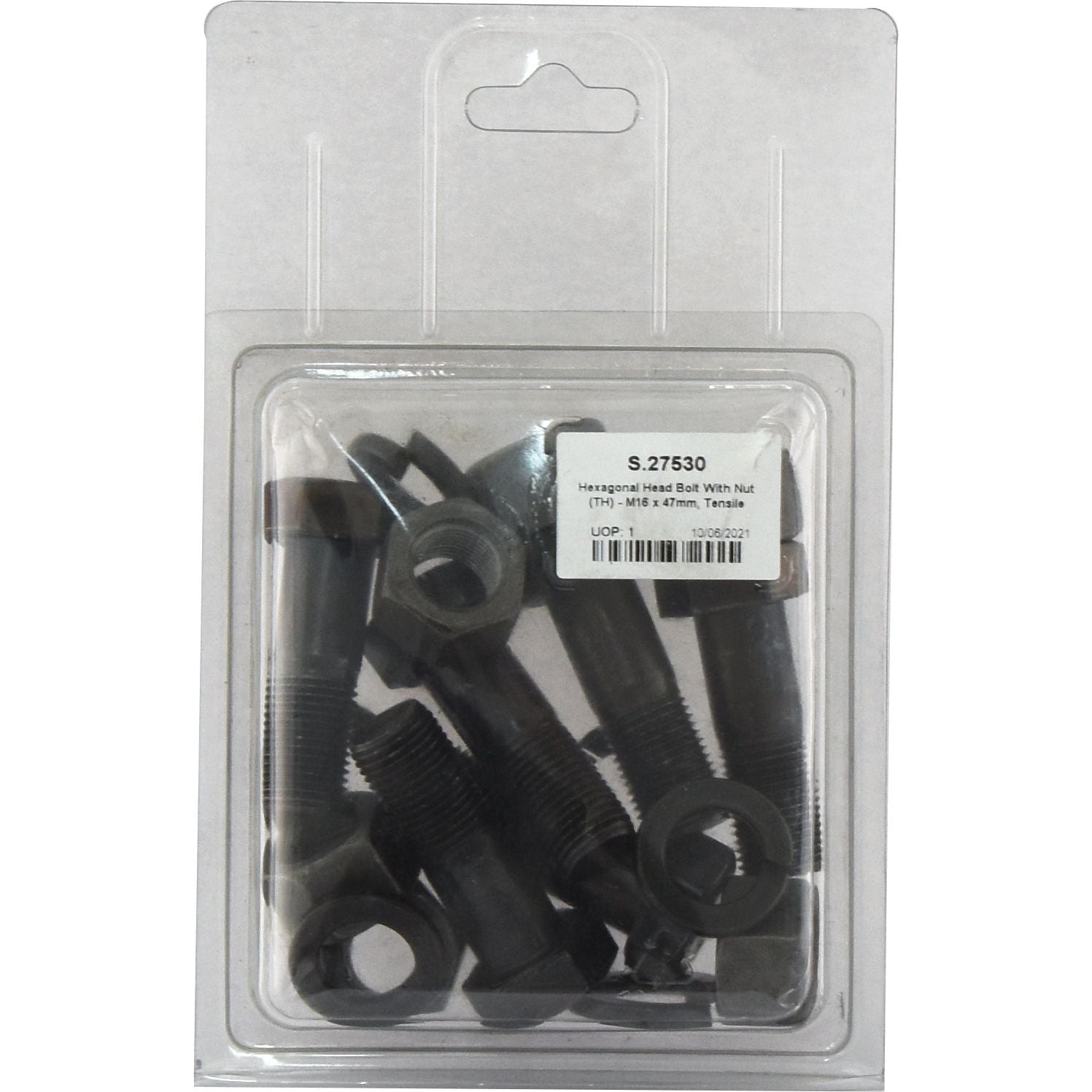 A package of hexagonal head bolts with nuts, labeled "Sparex S.27530 Hexagonal Head Bolt With Nut (TH) - M16x47mm, Tensile Strength 10.9 (6 pcs. Agripak)".
