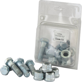 A package of five M16x55mm hexagonal head bolts and five corresponding hex nuts, each with a tensile strength of 12.9, known as the Sparex Hexagonal Head Bolt With Nut (TH) - M16x55mm (Sparex Part No. S.27532), with some bolts and nuts placed outside the packaging. The package features a clear plastic front and an internal label.