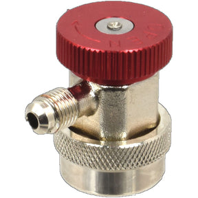 A High Pressure Coupling (Sparex Part No. S.137895) by Sparex, featuring a high-side quick coupler, a threaded connector, and a metal valve with a textured red handle labeled "OPEN.