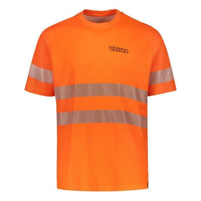 The AGCO Valtra High Visibility T-shirt (V4280940) is a bright orange garment made from breathable material, featuring grey reflective stripes and the word "VALTRA" printed on the chest. It is compliant with EN ISO 20471 class 2 standards.