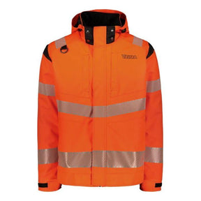 The AGCO Valtra High Visibility Winter Jacket (V4280960) in bright orange meets EN ISO 20471 standards and features reflective silver stripes, a black hood, Thinsulate wadding, and multiple pockets.