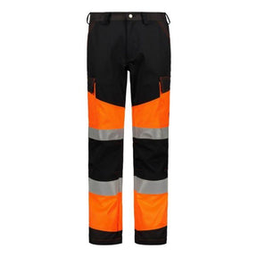 A pair of AGCO Valtra - High Visibility Work Trousers - V428093 in black and orange, featuring reflective strips on the legs and cargo pockets for added convenience.