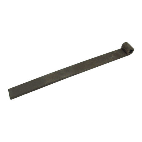 A Sparex Hinge - Female, Pin Ø: 13mm - S.55376, featuring an elongated, flat, rectangular steel design with one end coiled into a loop, set against a white background.