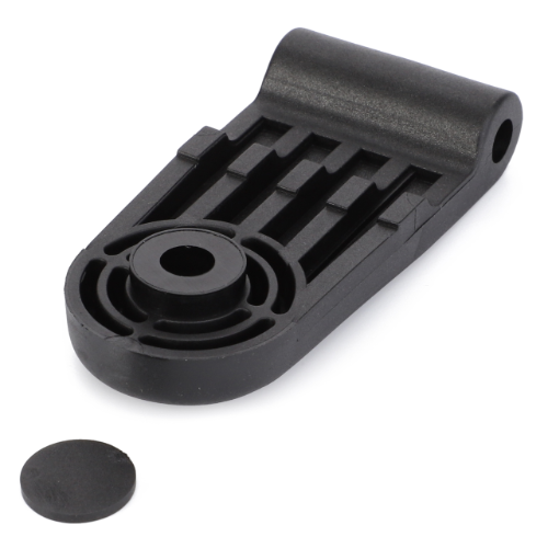 AGCO Massey Ferguson hinge rear window part number 3804698M2 is a black plastic mechanical component featuring a cylindrical hinge and an attached circular disk, designed for use in Massey Ferguson 4200 Series equipment.