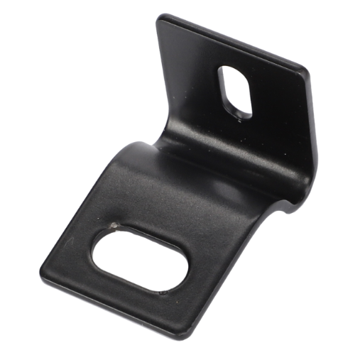 A black metal bracket with two differently shaped holes, one rectangular and one oval, designed for mounting Massey Ferguson tractor parts, specifically the Massey Ferguson - Hinge Side Window Mechanism - 3902128M1 from AGCO.